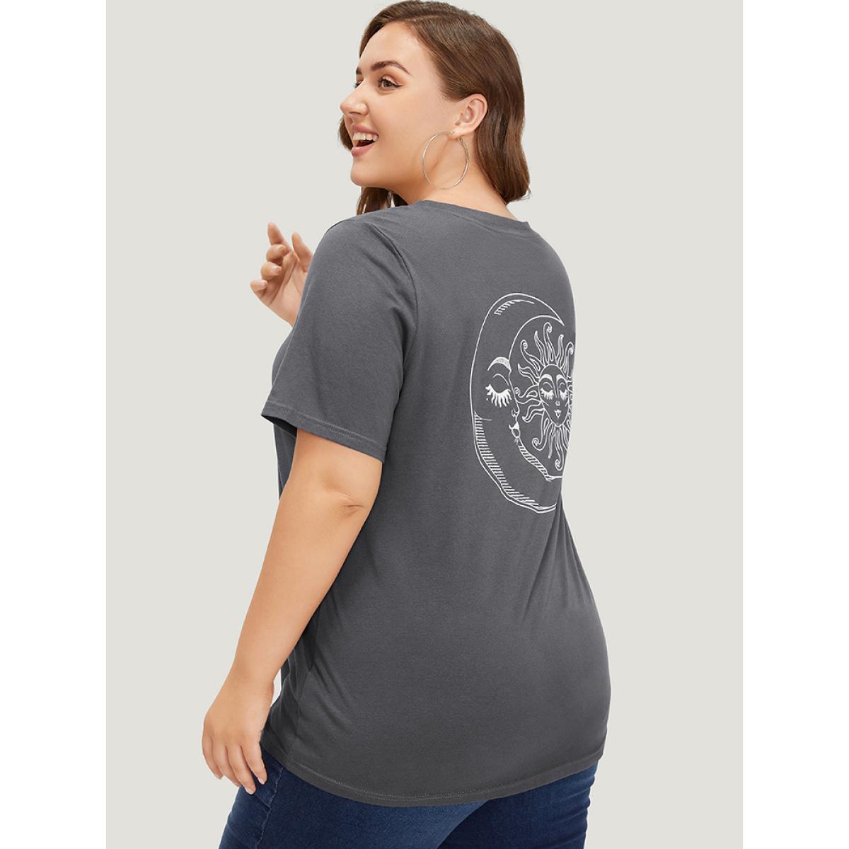 Plus Size Sun & Moon Print Graphic Round Neck T-shirt DimGray Women Casual Star and moon Dailywear T-shirts BloomChic 26/4X Product Image