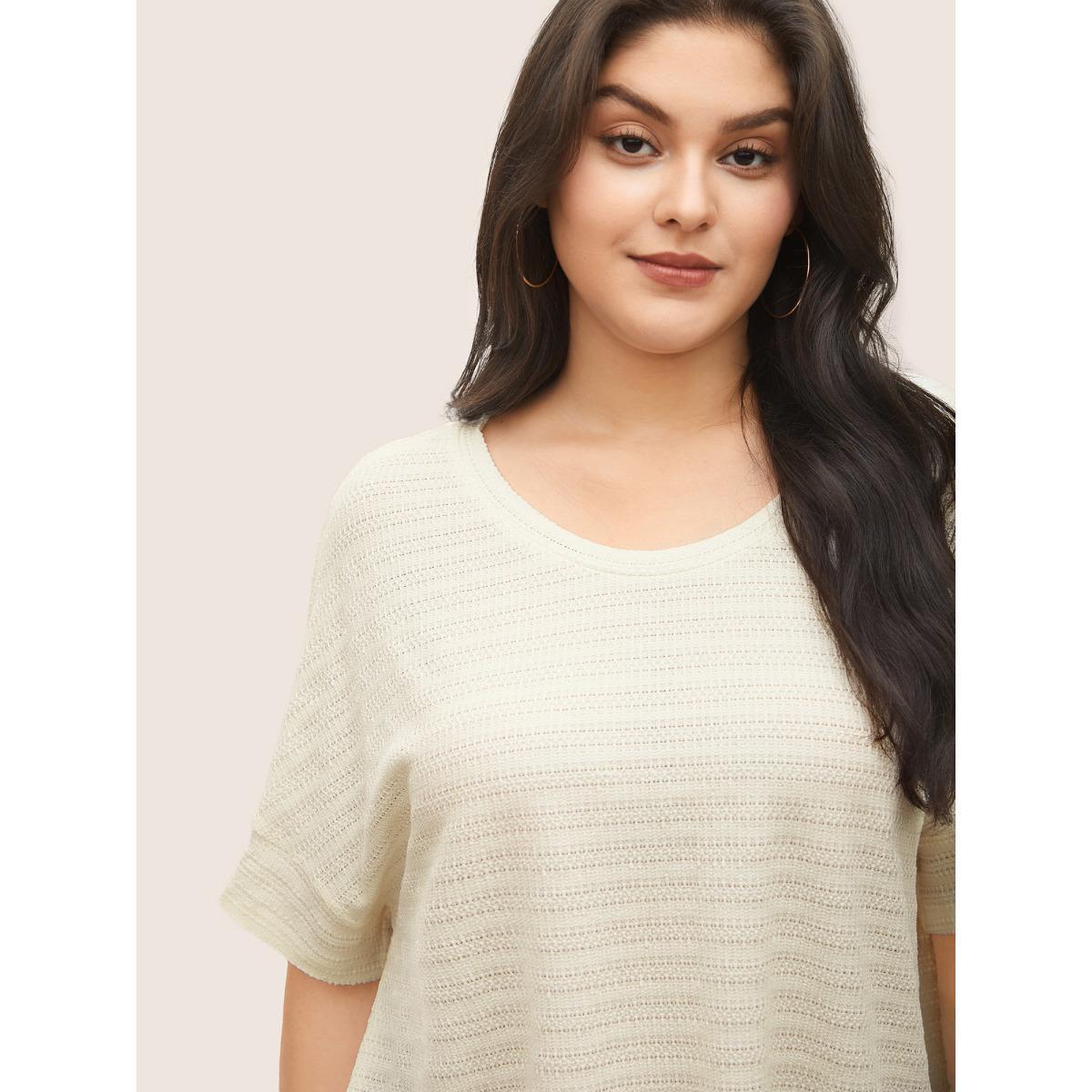 Plus Size Solid Textured Crew Neck Batwing Sleeve T-shirt Beige Women Casual Texture Plain Round Neck Everyday T-shirts BloomChic 22-24/3X Product Image