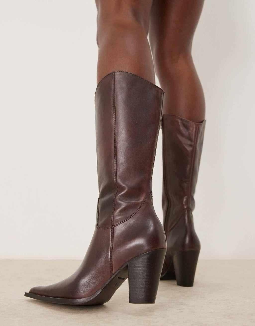 Free People pointed toe leather mid heel western boots in deep brown Product Image