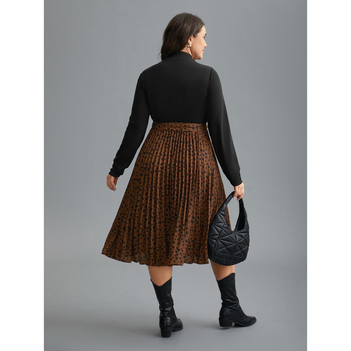 Plus Size Leopard Print Pleated Mock Neck Midi Dress Bronze Women At the Office Belted Mock Neck Long Sleeve Curvy BloomChic 30/6X Product Image