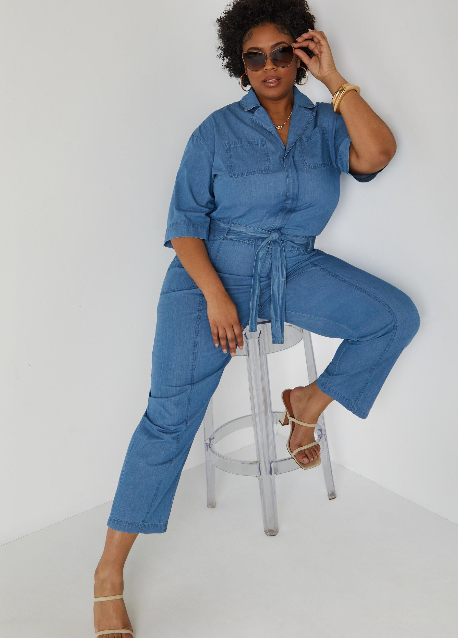 Plus Size Belted Chambray Jumpsuit Ashley Stewart Product Image