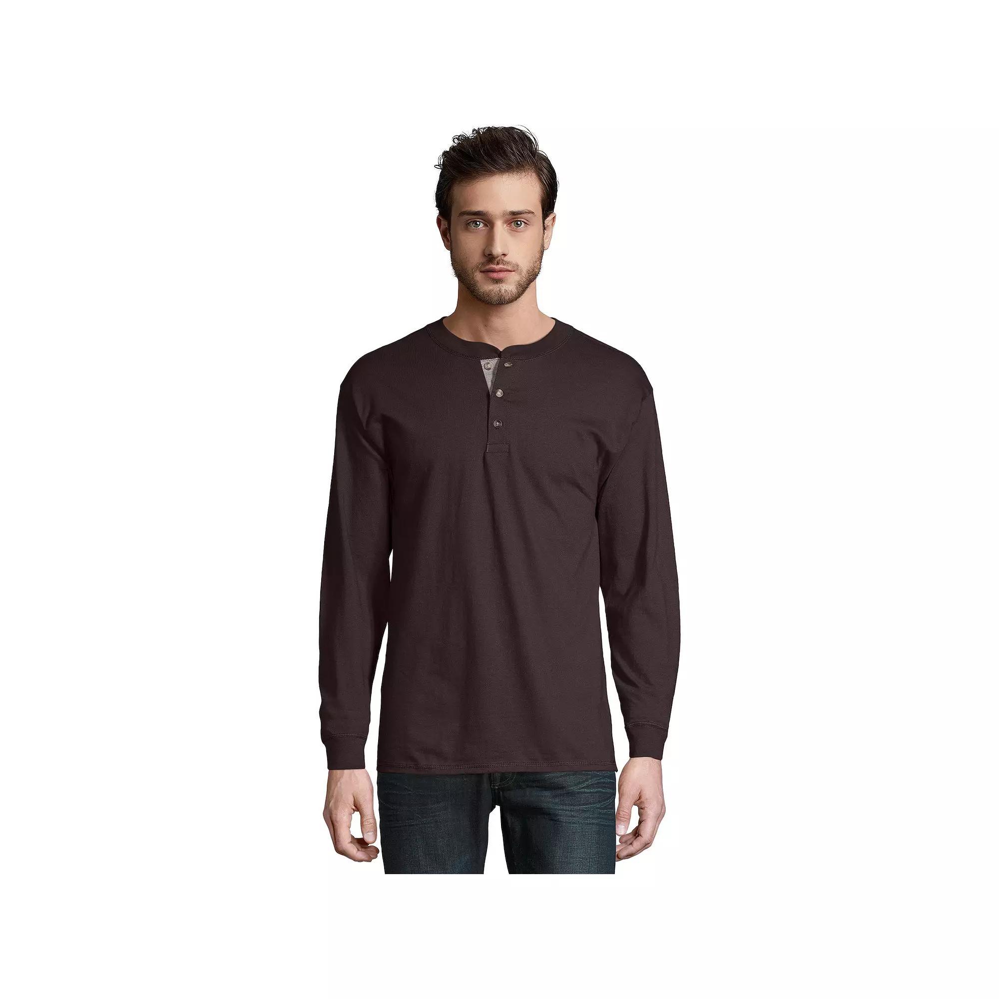 Men's Hanes® Beefy Heavyweight Henley, Size: Small, Dark Truffle Product Image