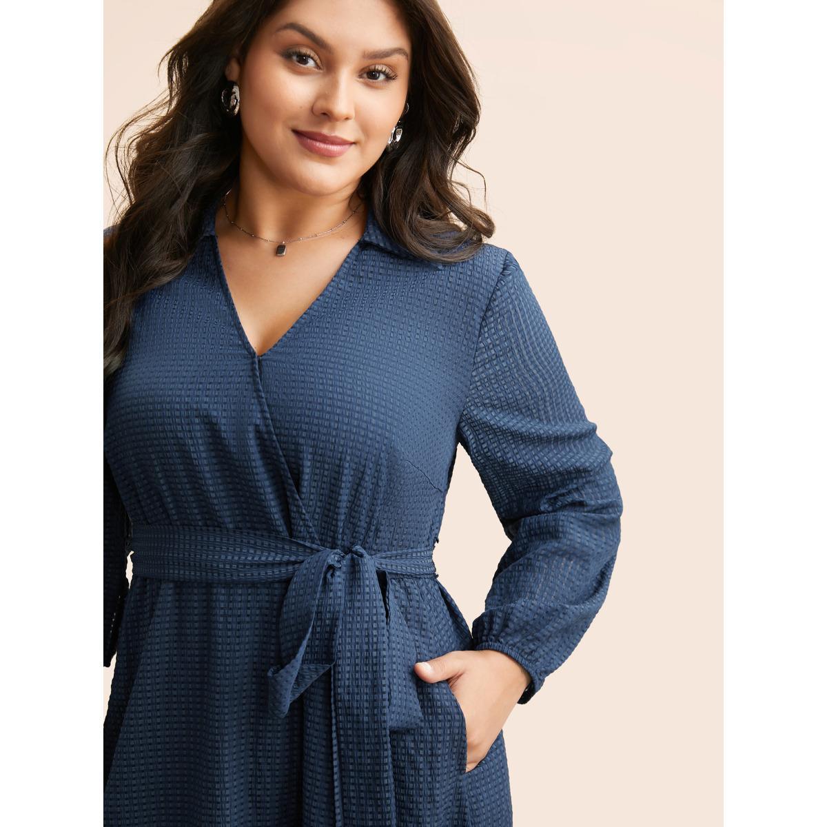 Plus Size Overlap Collar Plain Textured Midi Dress DarkBlue Women Elegant Texture Overlap Collar Long Sleeve Curvy BloomChic 30/6X Product Image