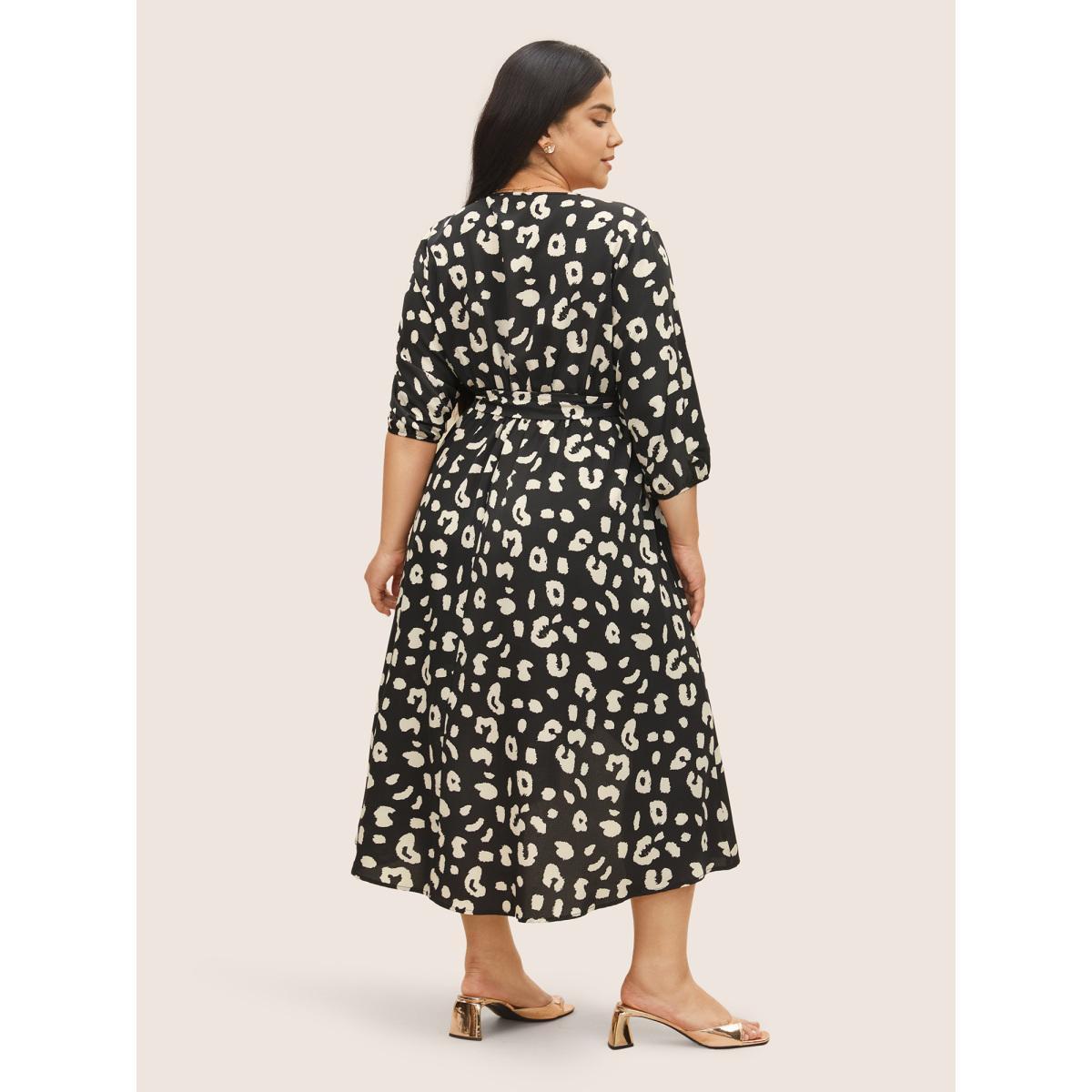 Plus Size Leopard Overlap Collar Elastic Waist Belted Dress Black Women At the Office Non Overlap Collar Elbow-length sleeve Curvy Midi Dress BloomChic 14-16/1X Product Image