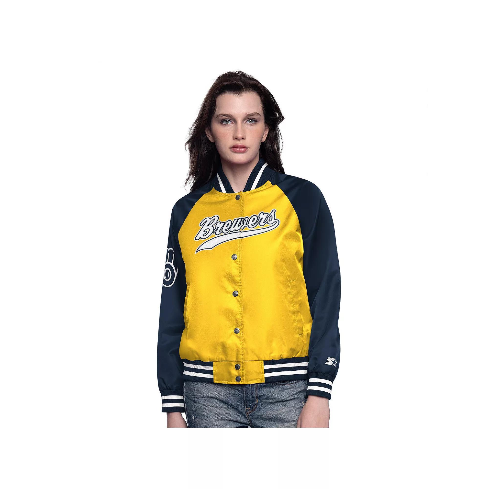 Women's Starter Gold/Navy Milwaukee Brewers Home Run Full-Snap Varsity Jacket, Size: Medium Product Image