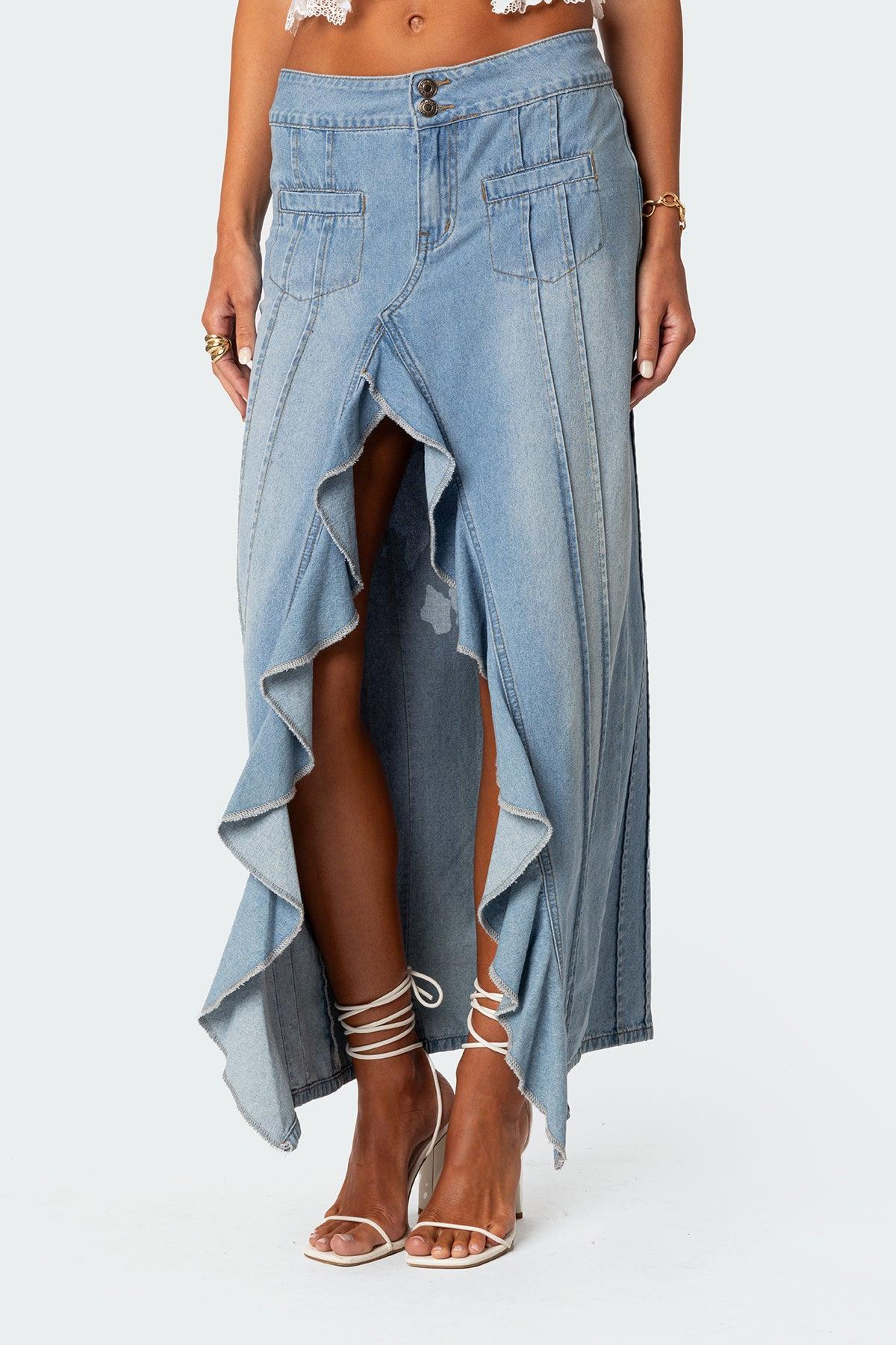 Valencia Ruffle Slitted Denim Maxi Skirt Product Image