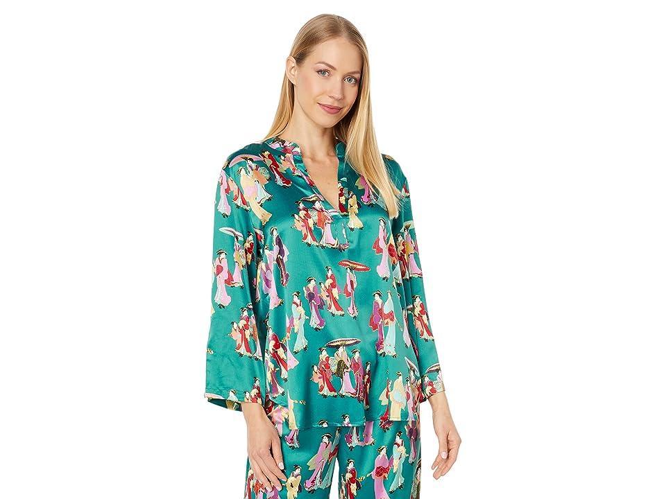 N by Natori Geisha Satin PJ Set (Green Multi) Women's Pajama Sets Product Image