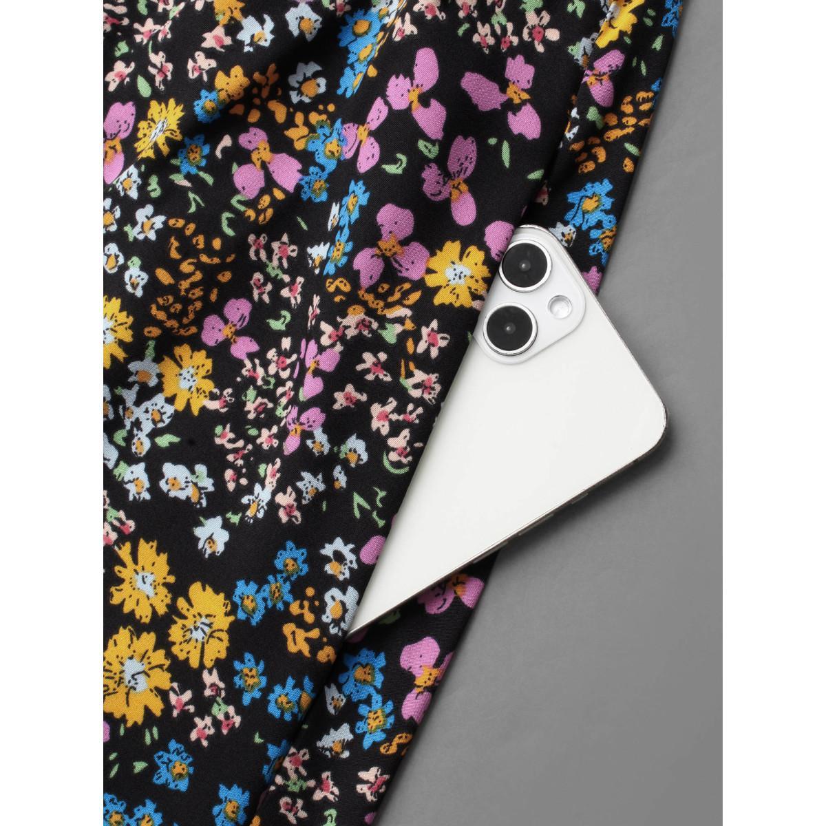 Plus Size Floral Ruffles Mock Neck Elastic Waist Midi Dress BlackFlower Women Elegant Frill Trim Mock Neck Long Sleeve Curvy BloomChic 12/L Product Image