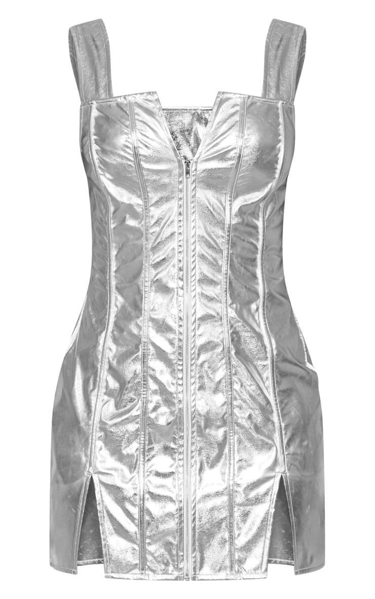 Silver Zip Front Metallic Sleeveless Shift Dress Product Image