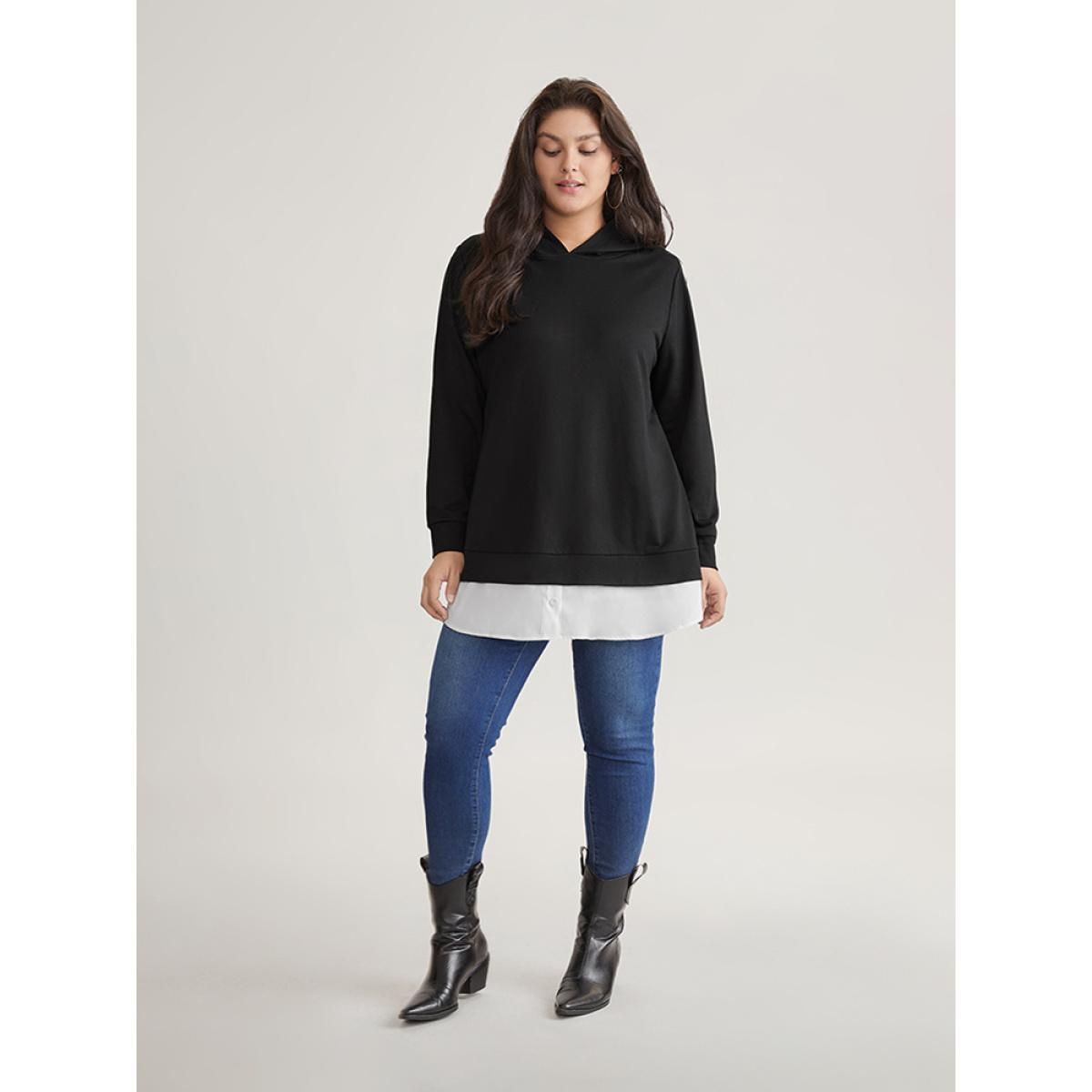 Plus Size 2-In-1 Patchwork Contrast Hooded Sweatshirt Women Black Casual Contrast Hooded Dailywear Sweatshirts BloomChic 22-24/3X Product Image