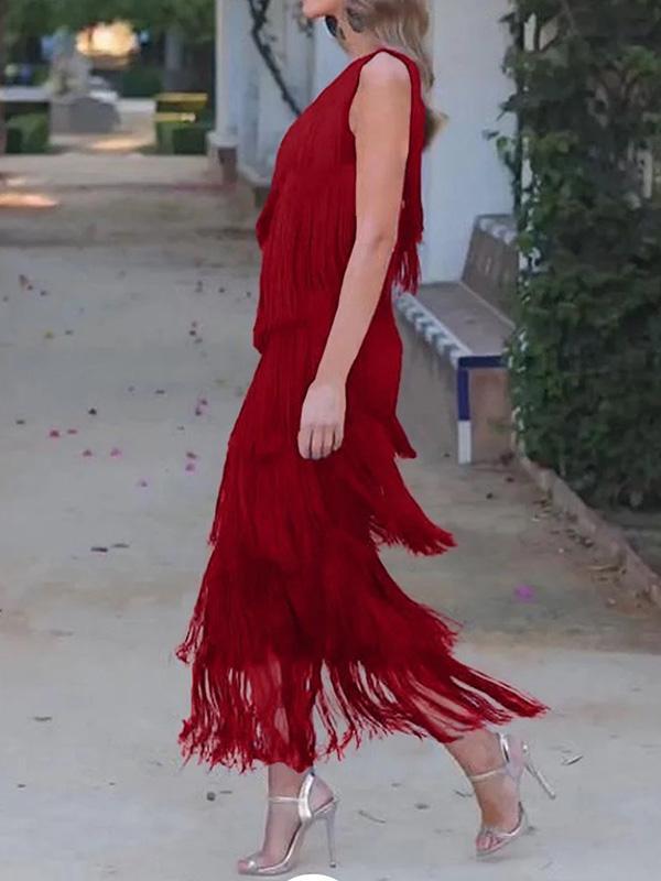 Loose Sleeveless Asymmetric Solid Color Split-Joint Tasseled One-Shoulder Maxi Dresses Product Image