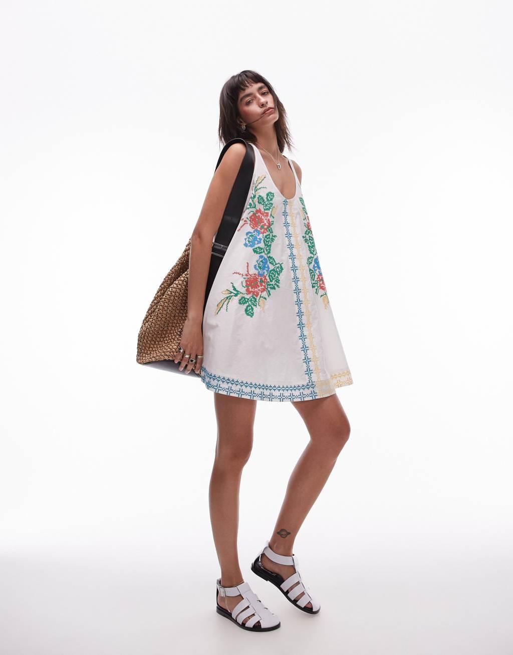 Topshop mini cross stitch embroidered strappy dress in multi Product Image