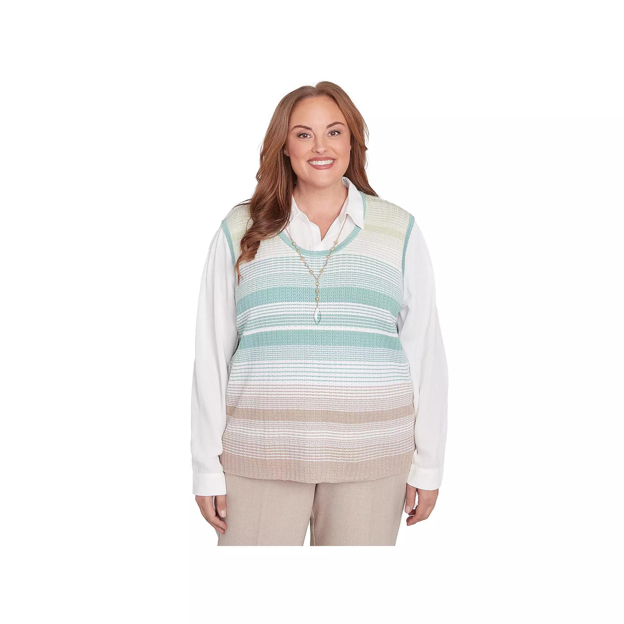 Plus Size Alfred Dunner Striped Vest Collared Two-in-One Sweater with Necklace, Women's, Size: 1XL, Neutral Team Product Image
