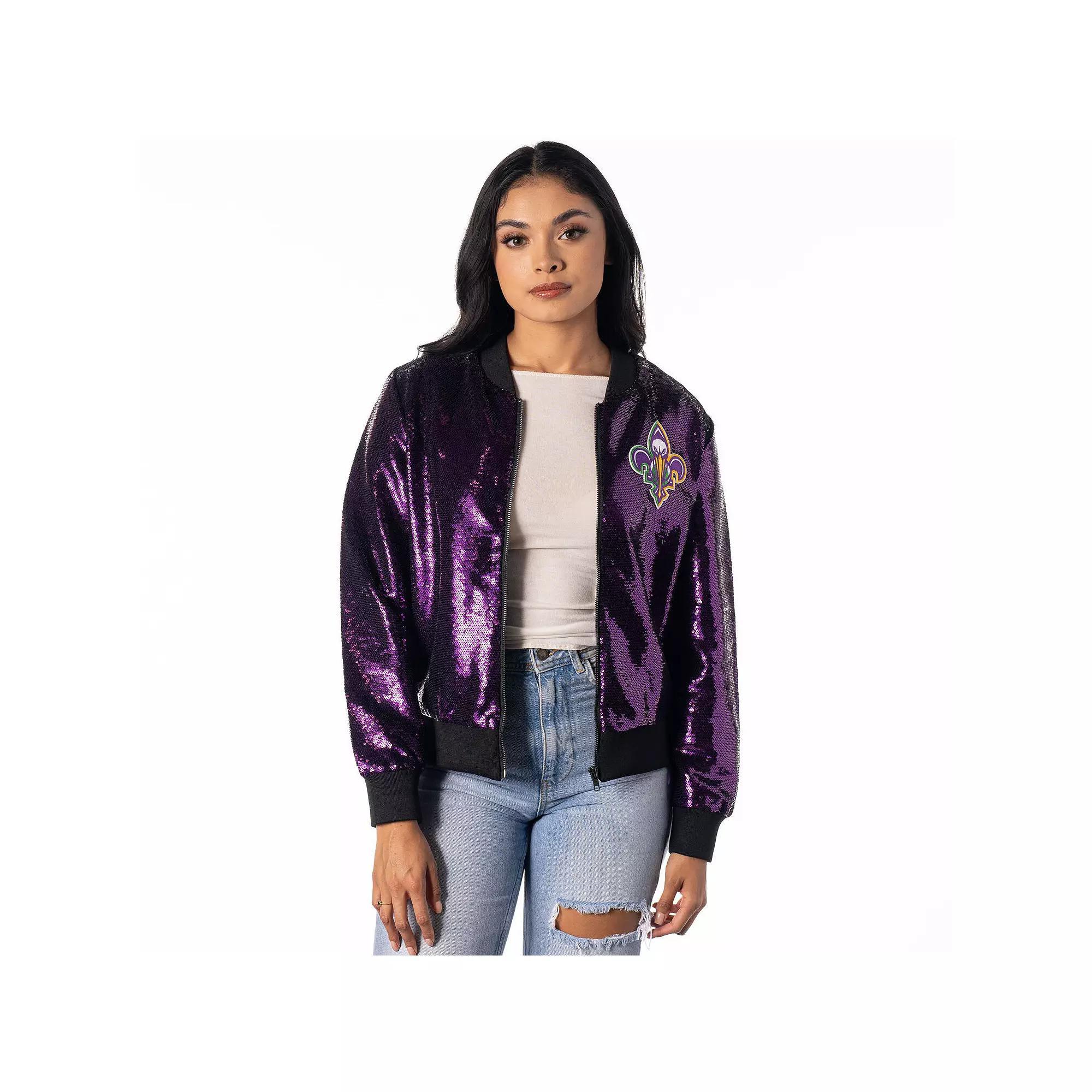 Women's The Wild Collective Purple New Orleans Pelicans Sequin Full-Zip Bomber Jacket, Size: Medium Product Image
