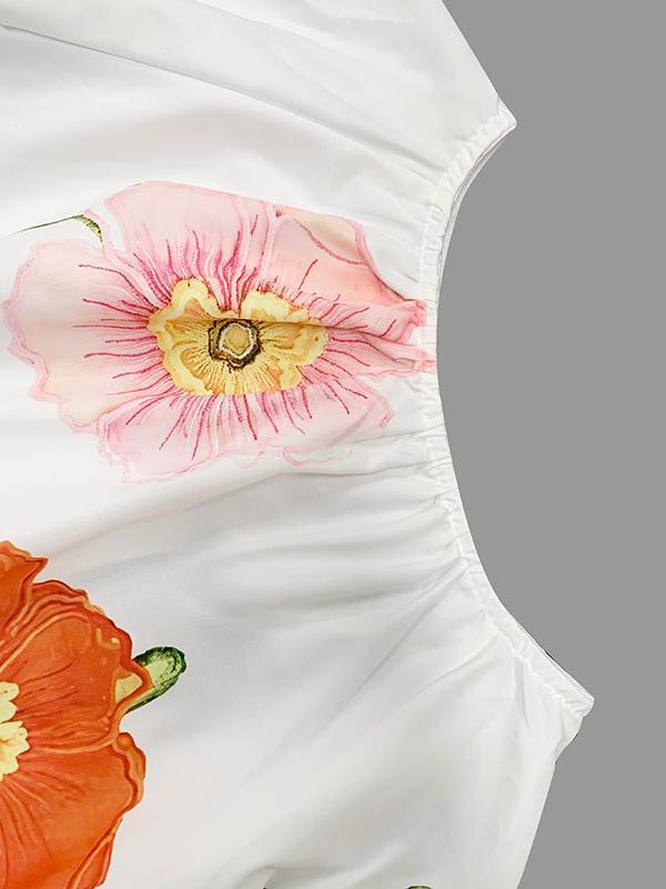 Long Sleeves Loose Elasticity Flower Print Pleated Round-neck Blouses&shirts Tops Product Image