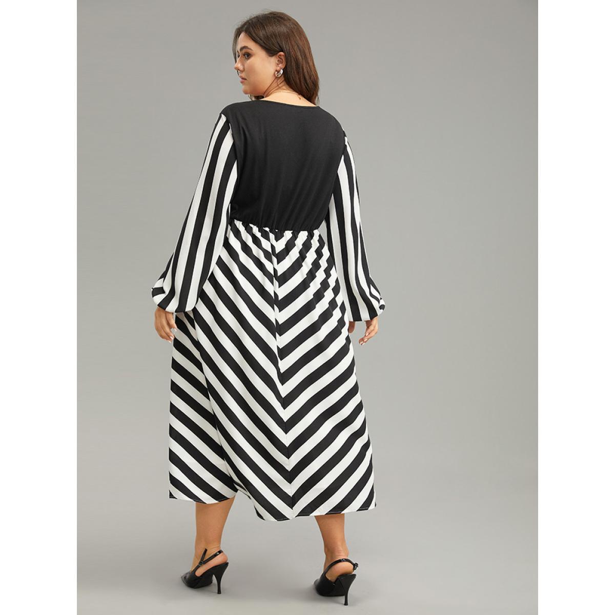 Plus Size Striped Patchwork Elastic Waist Lantern Sleeve Dress Black Women At the Office Elastic cuffs V-neck Long Sleeve Curvy Midi Dress BloomChic 26/4X Product Image