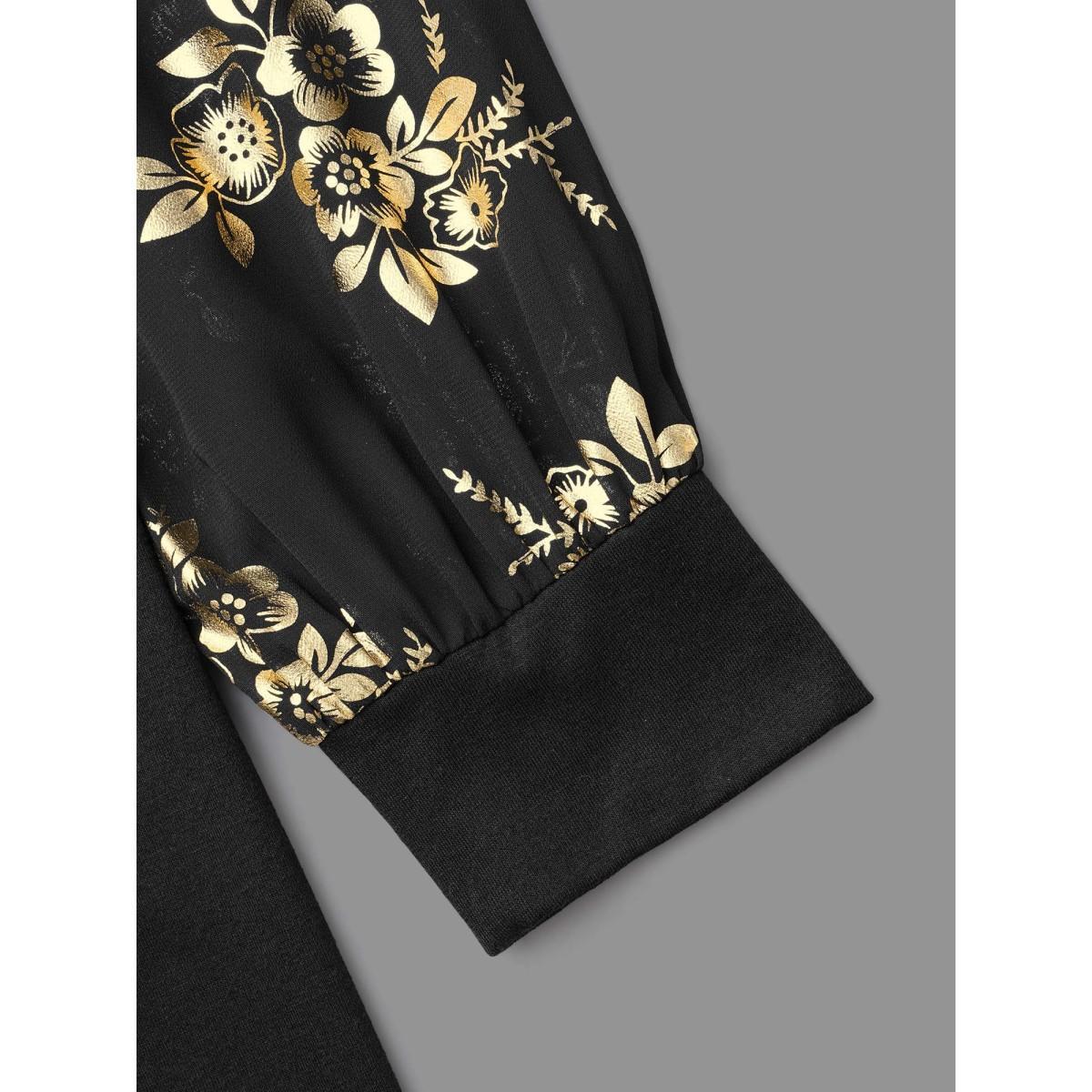 Plus Size Glitter Floral Patchwork Mesh T-shirt Black Women Elegant Contrast Natural Flowers Round Neck Everyday T-shirts BloomChic 30/6X Product Image