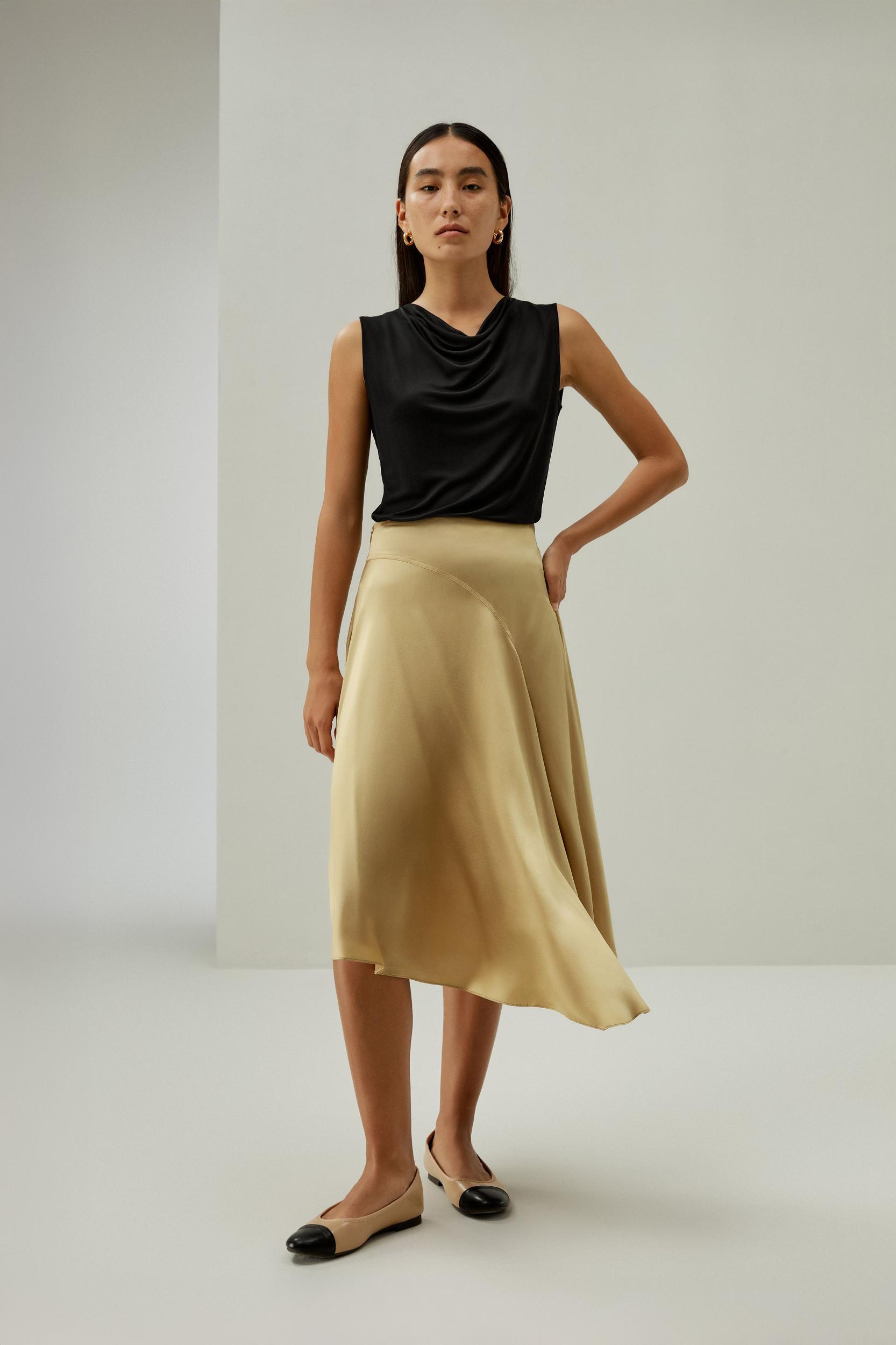 LILYSILK Women's Asymmetrical Silk Skirt, Cherry Red, Size 6, Elegant Flared Hem, Calf-Length, Side Zipper Product Image