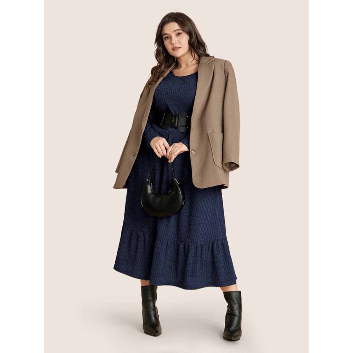 Plus Size Solid Pocket Rib Knit Ruffle Hem Dress Without Belt DarkBlue Women Basics Non Round Neck Long Sleeve Curvy Midi Dress BloomChic 12/L Product Image