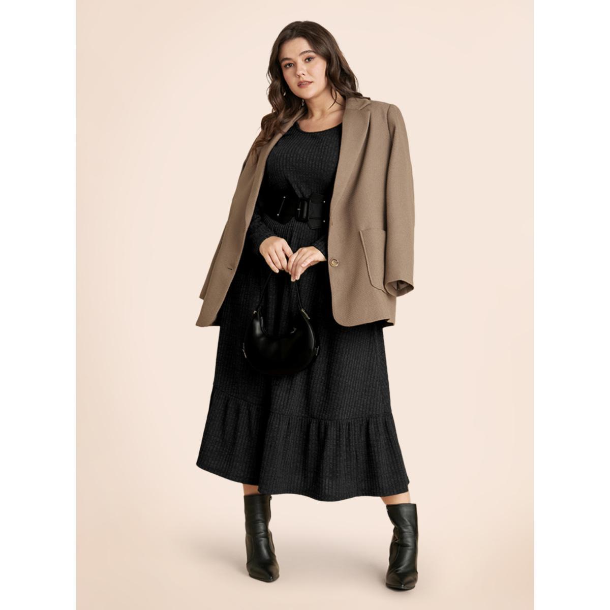 Plus Size Solid Pocket Rib Knit Ruffle Hem Dress Without Belt Black Women Basics Non Round Neck Long Sleeve Curvy Midi Dress BloomChic 12/L Product Image