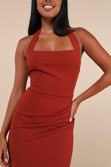 Prominent Charm Rust Brown Halter Bodycon Tulip Midi Dress Product Image