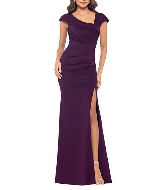Xscape Asymmetrical Neckline Cap Sleeve Ruched Scuba Crepe Sheath Gown Product Image