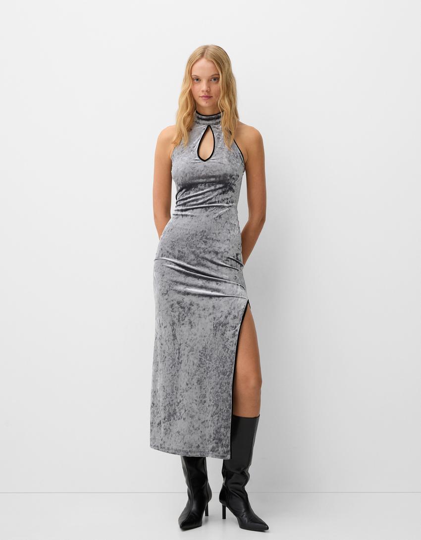 Velvet midi dress with teardrop neckline Product Image