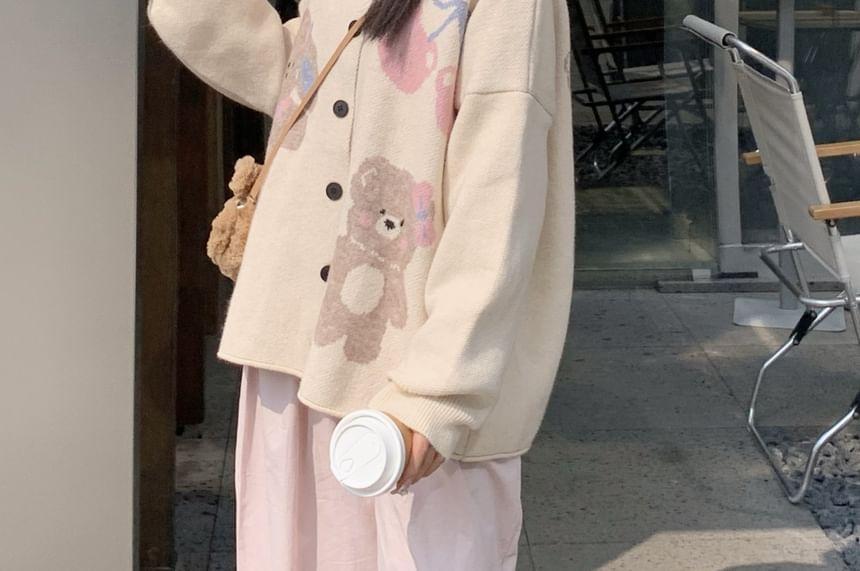 Crewneck Bear Jacquard Cardigan / High Rise Wide Leg Pants Product Image