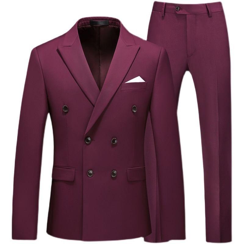 Set: Peak Lapel Plain Double-Breasted Blazer + Tapered Dress Pants Product Image