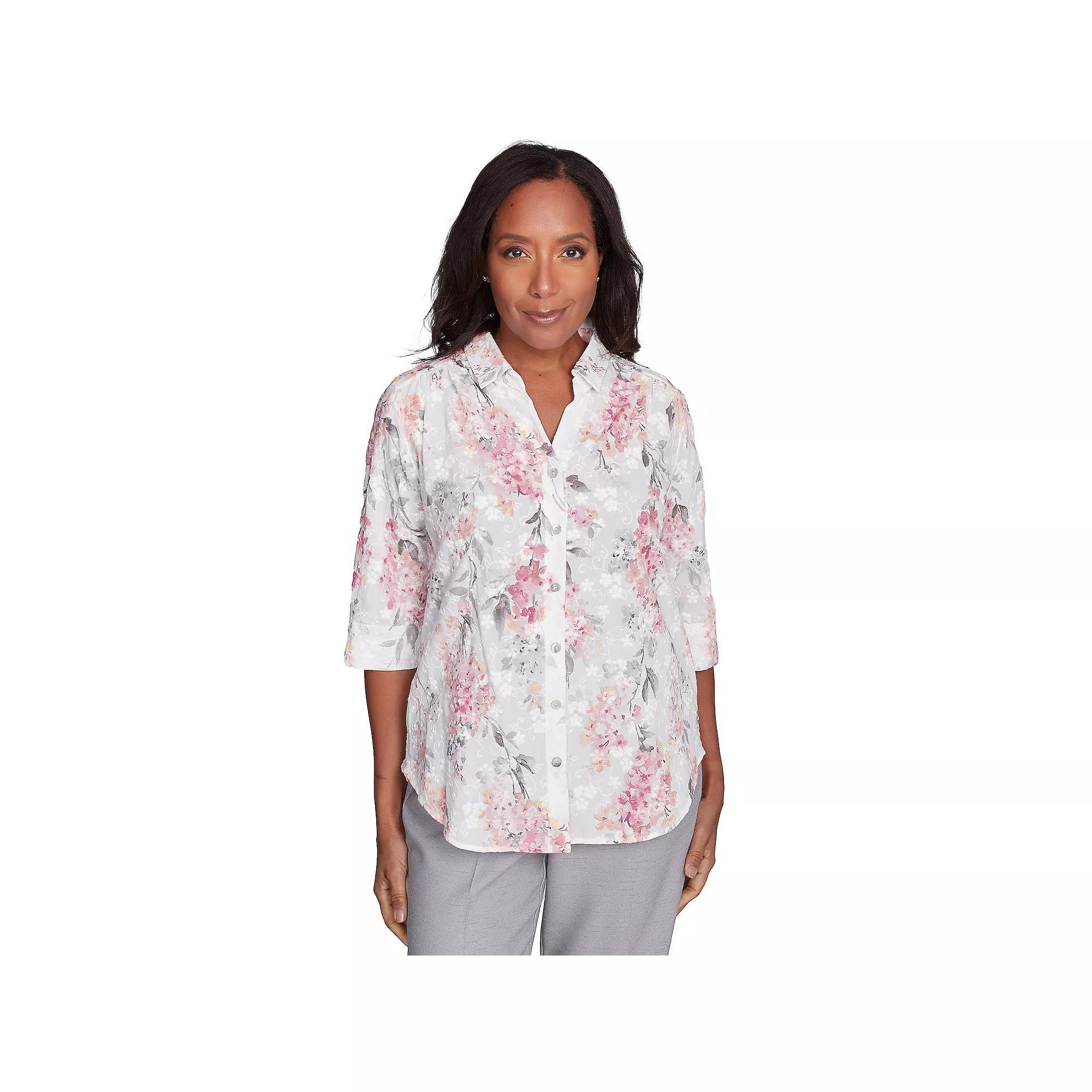 Women's Alfred Dunner Collared Button Front Hydrangea Top, Size: Small, Pink Team Product Image