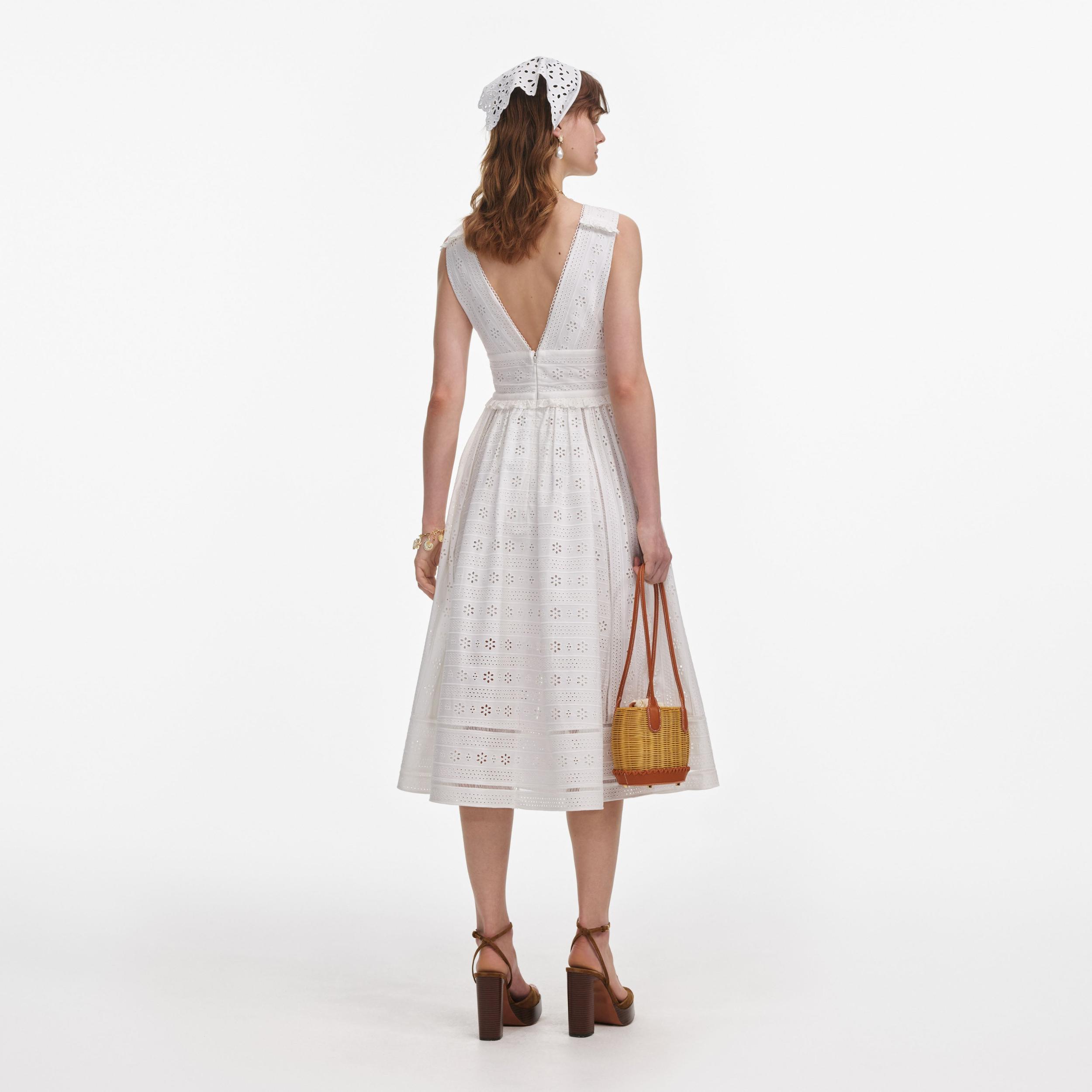 White Cotton Broderie Midi Dress Product Image