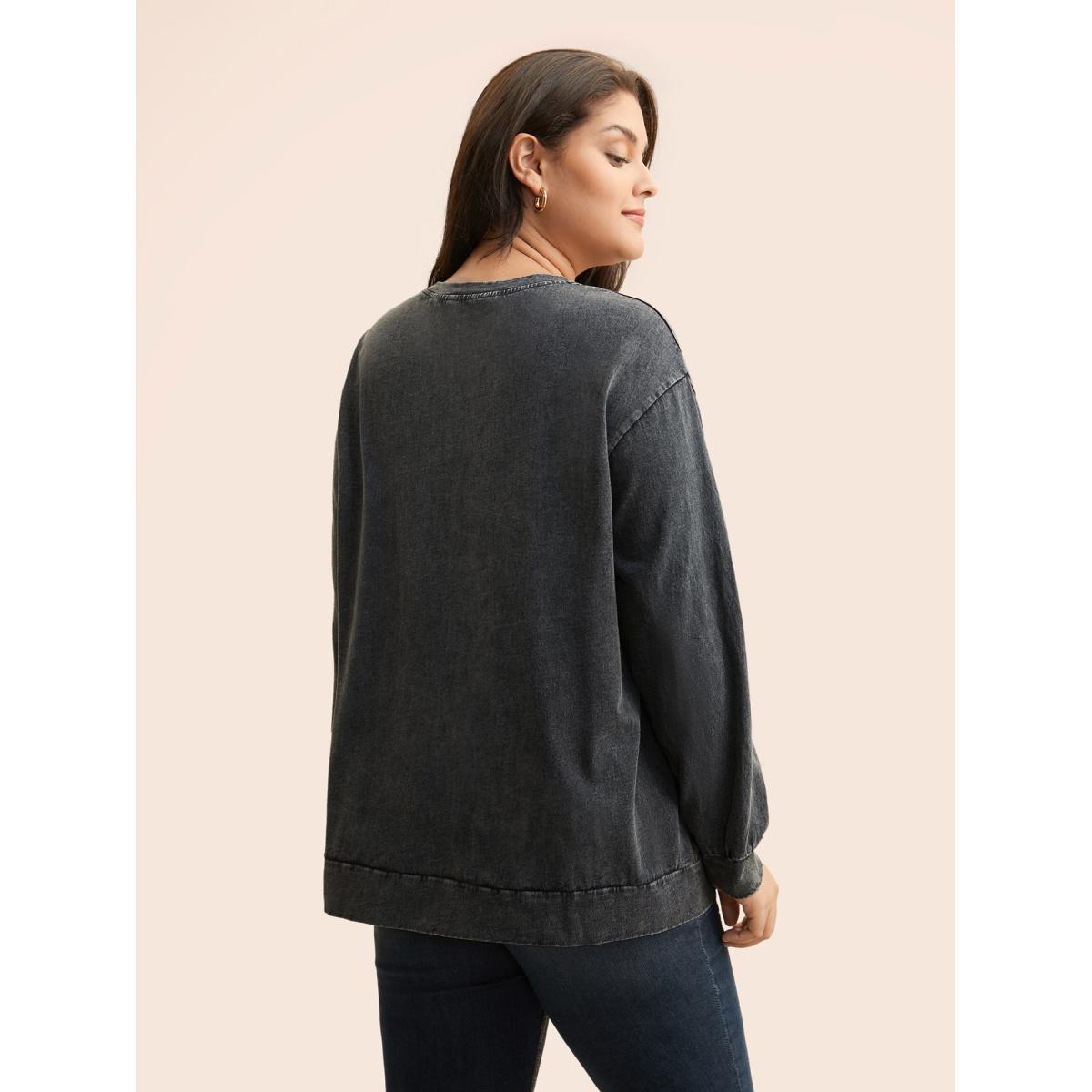 Plus Size Vintage Round Neck Slightly Stretchy Sweatshirt Women Black Casual Non Loose Round Neck Everyday Sweatshirts BloomChic 22-24/3X Product Image