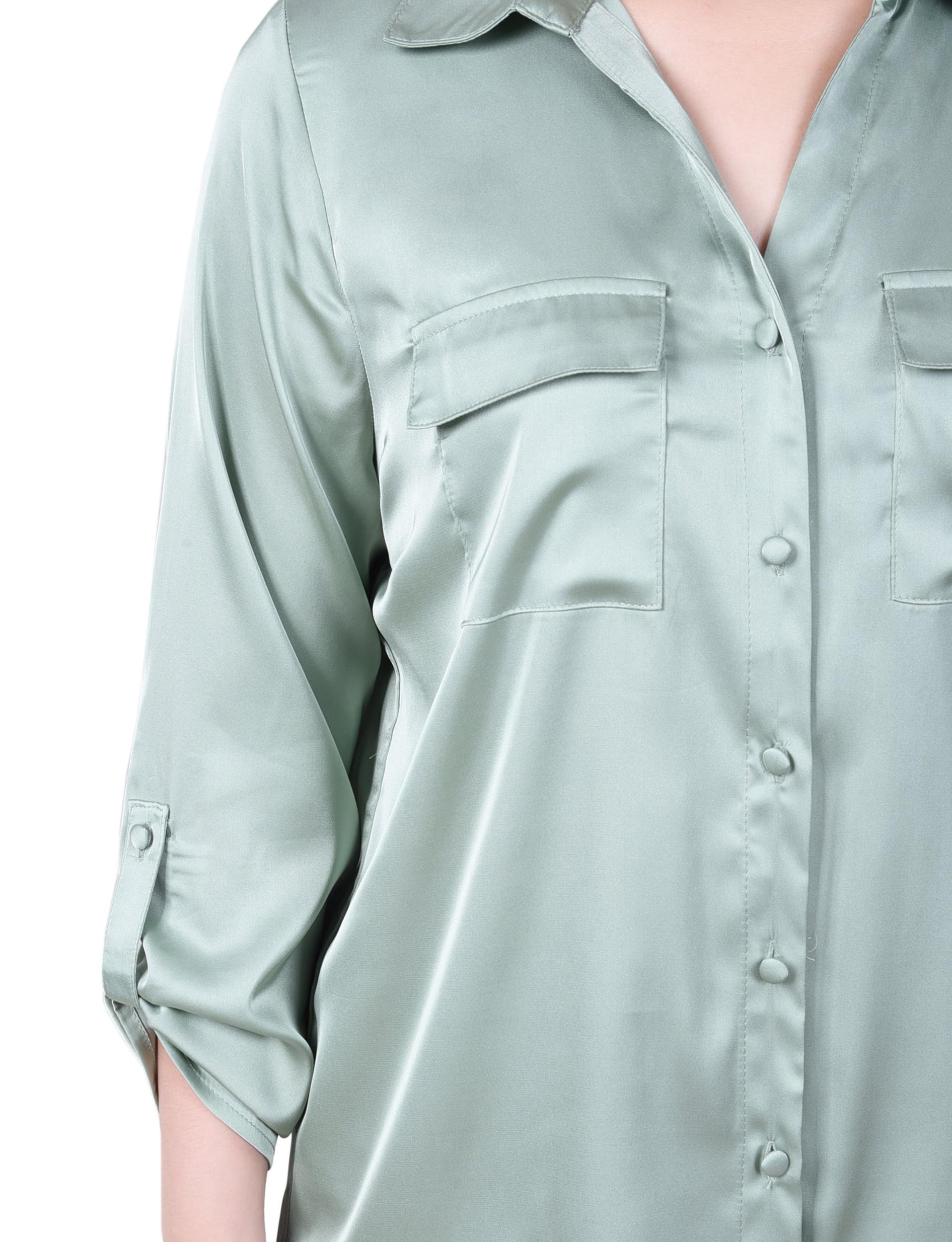 Frosty Green 3/4 Sleeve Roll Tab Satin Blouse Product Image