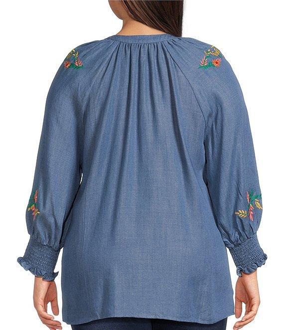 Calessa Plus Size Embroidered Tencel Split Neck 3/4 Sleeve Button Front Tunic Product Image