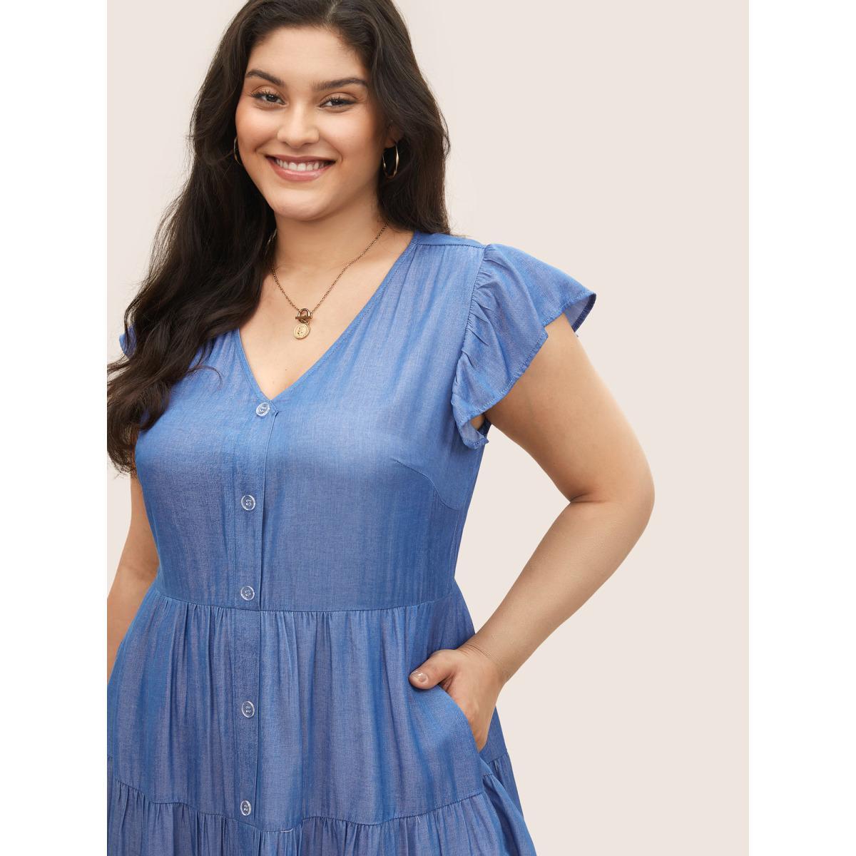 Plus Size Plain Button Detail Layered Hem Ruffle Cap Sleeve Dress Blue Women Casual Non V-neck Cap Sleeve Curvy Midi Dress BloomChic 28/5X Product Image