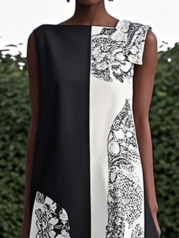 Loose Sleeveless Asymmetric Contrast Color Printed Round-Neck Maxi Dresses Product Image