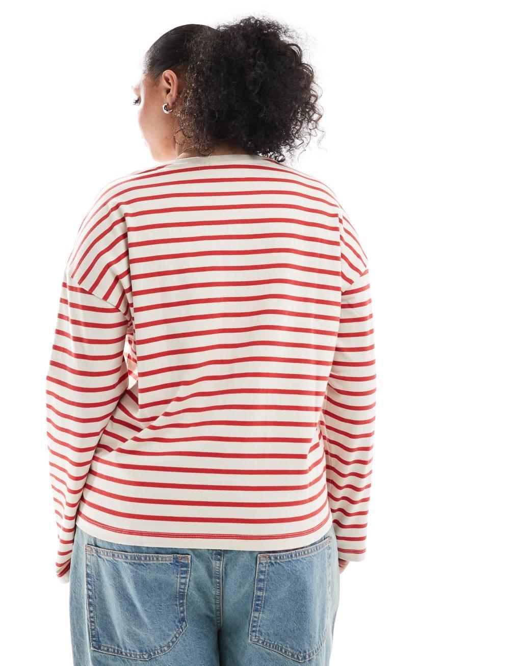 ONLY Curve long sleeve striped t-shirt in cream & red stripe    Product Image