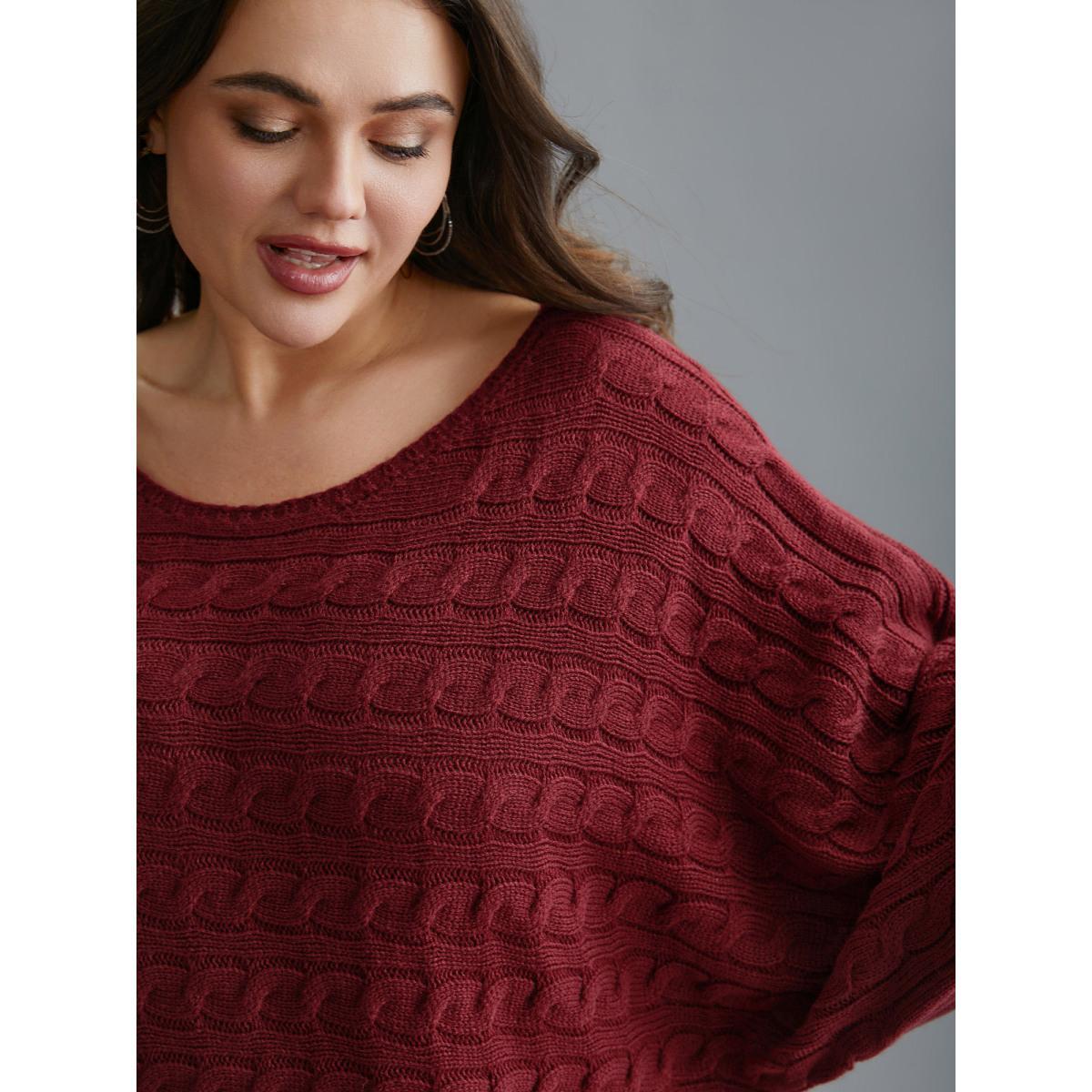 Plus Size Cable Knit Dolman Sleeve Pullover Deepred Women Casual Loose Long Sleeve Boat Neck Everyday Pullovers BloomChic 28/5X Product Image
