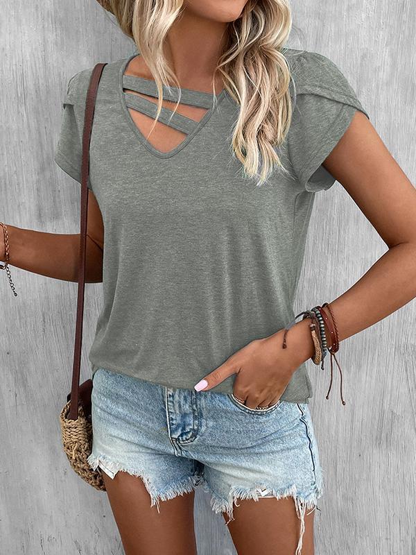 Loose Short Sleeves Solid Color V-Neck T-Shirts Tops Product Image