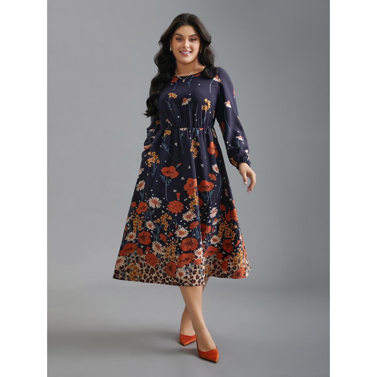 Plus Size Floral Boho Print Lantern Sleeve Dress Indigo Women Elegant Non Round Neck Long Sleeve Curvy BloomChic 26/4X Product Image