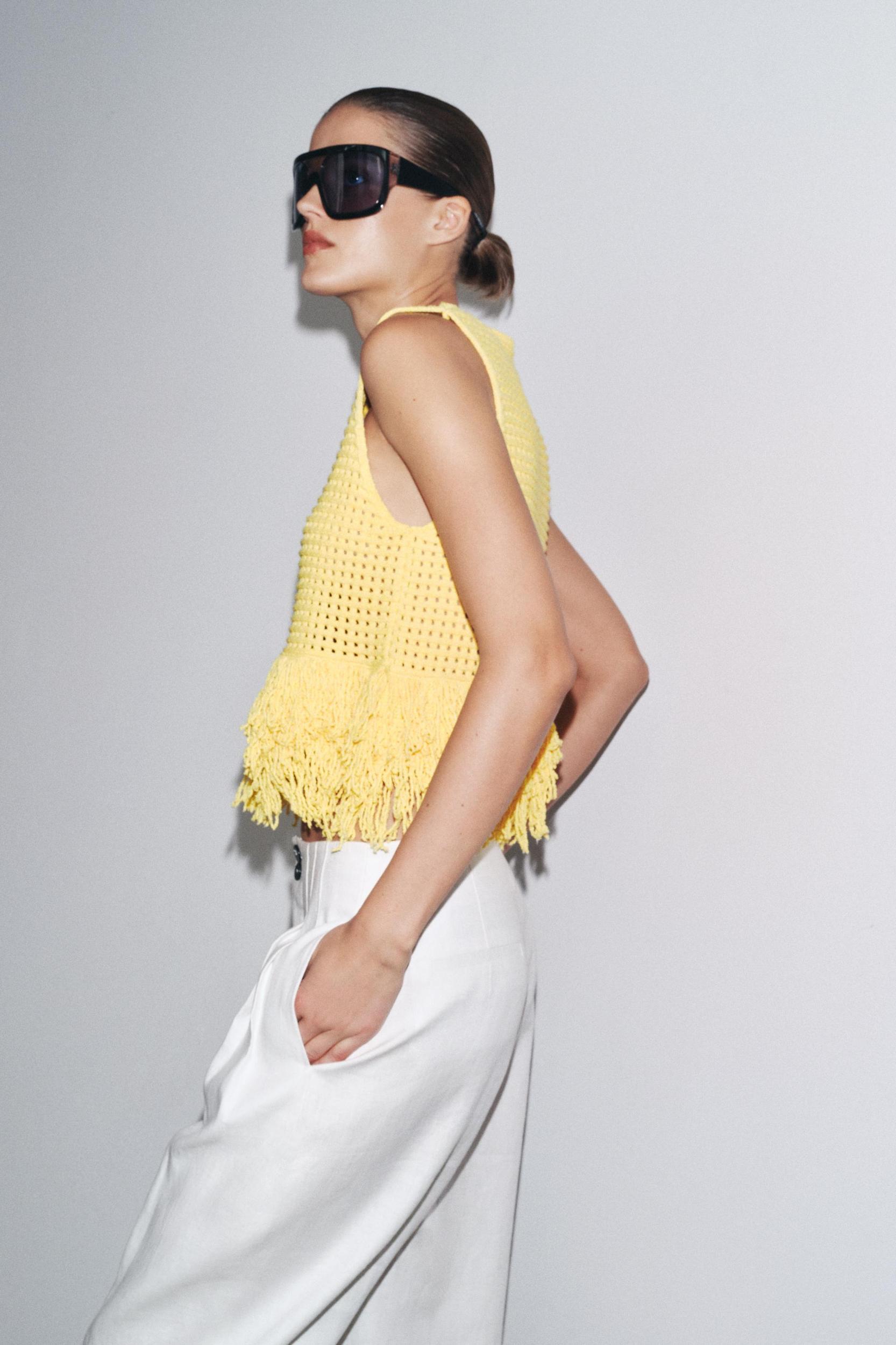 FRINGED CHECKERED KNIT TOP Product Image