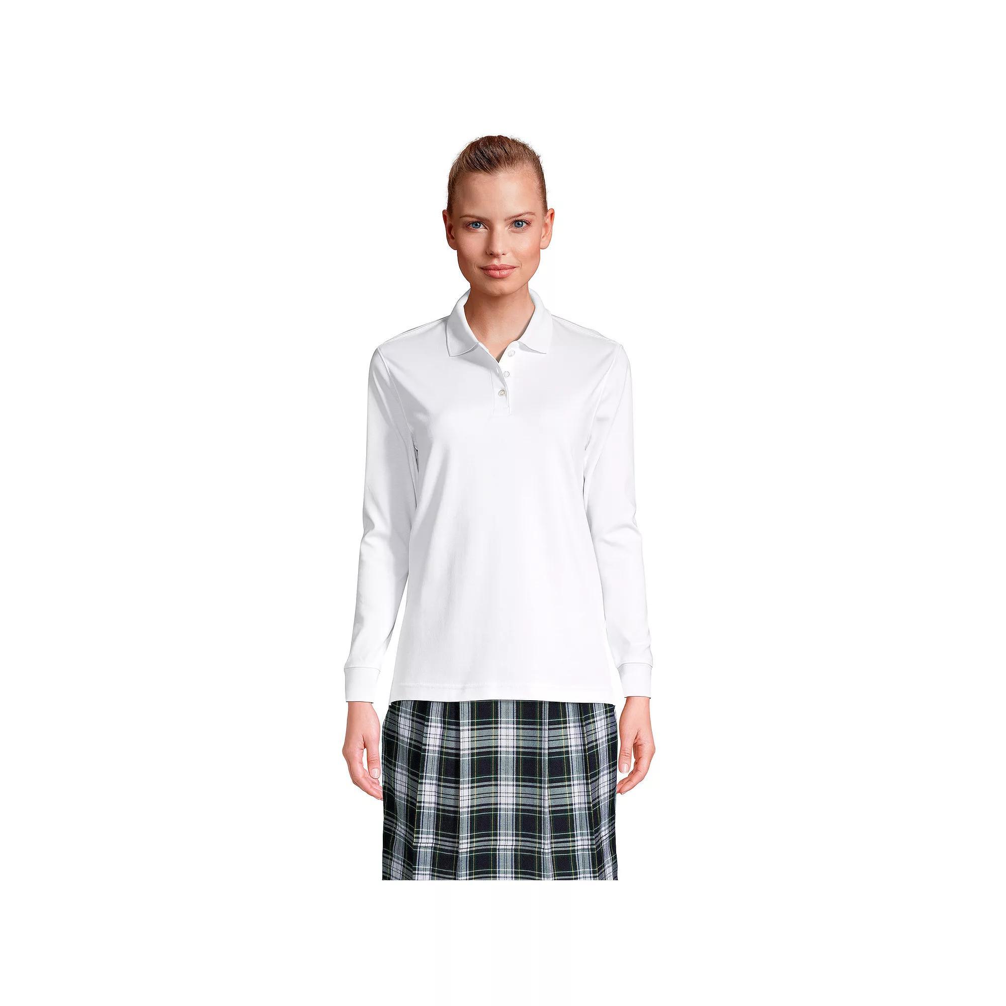 Women's Lands' End School Uniform Long Sleeve 3-Button Interlock Polo Shirt, Size: Medium, White Product Image