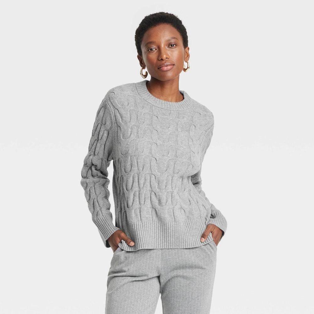 Womens Cable Crewneck Pullover Sweater - A New Day Light M Product Image