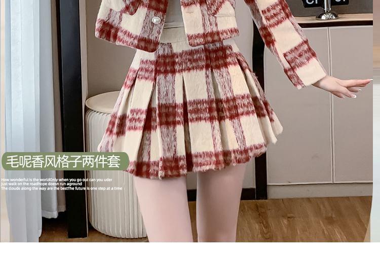 Set: Collared Button-Up Plaid Jacket + Mini Pleated Skirt Product Image