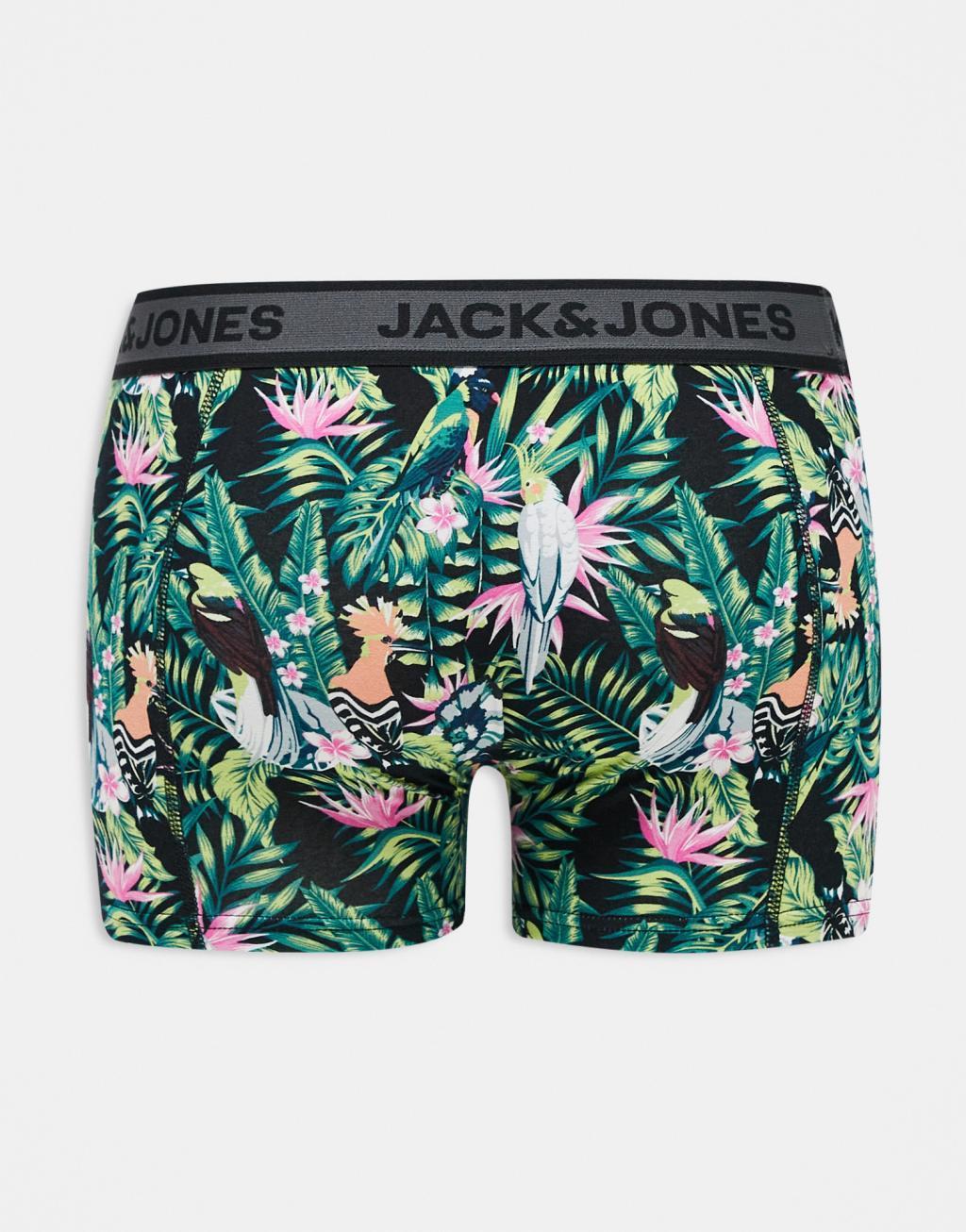 Jack & Jones 3 pack trunks in tropical print in black  Product Image