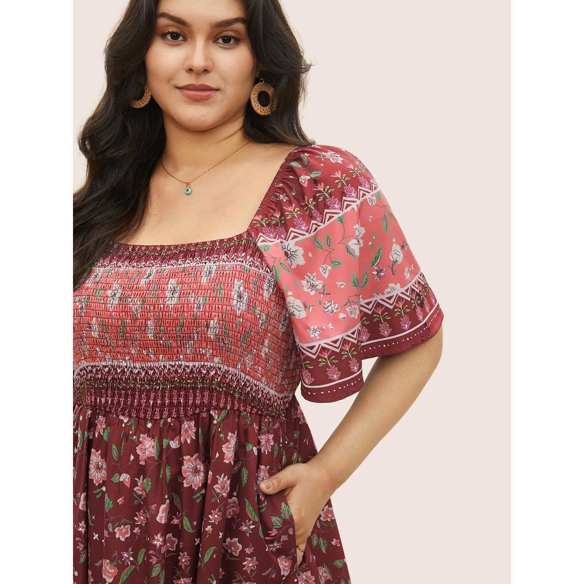 Plus Size Ditsy Floral Shirred Patchwork Ruffle Sleeve Dress Russet Women Resort Shirred Square Neck Short sleeve Curvy Midi Dress BloomChic 22-24/3X Product Image