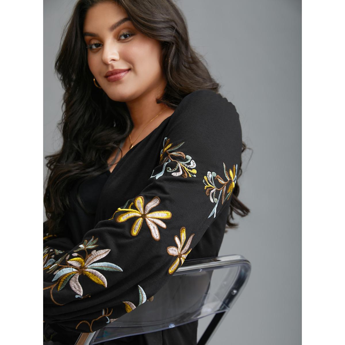 Plus Size Floral Embroidered Sleeve Notched Neckline T-shirt Black Women Elegant Gathered Natural Flowers Notched collar Everyday T-shirts BloomChic 30/6X Product Image