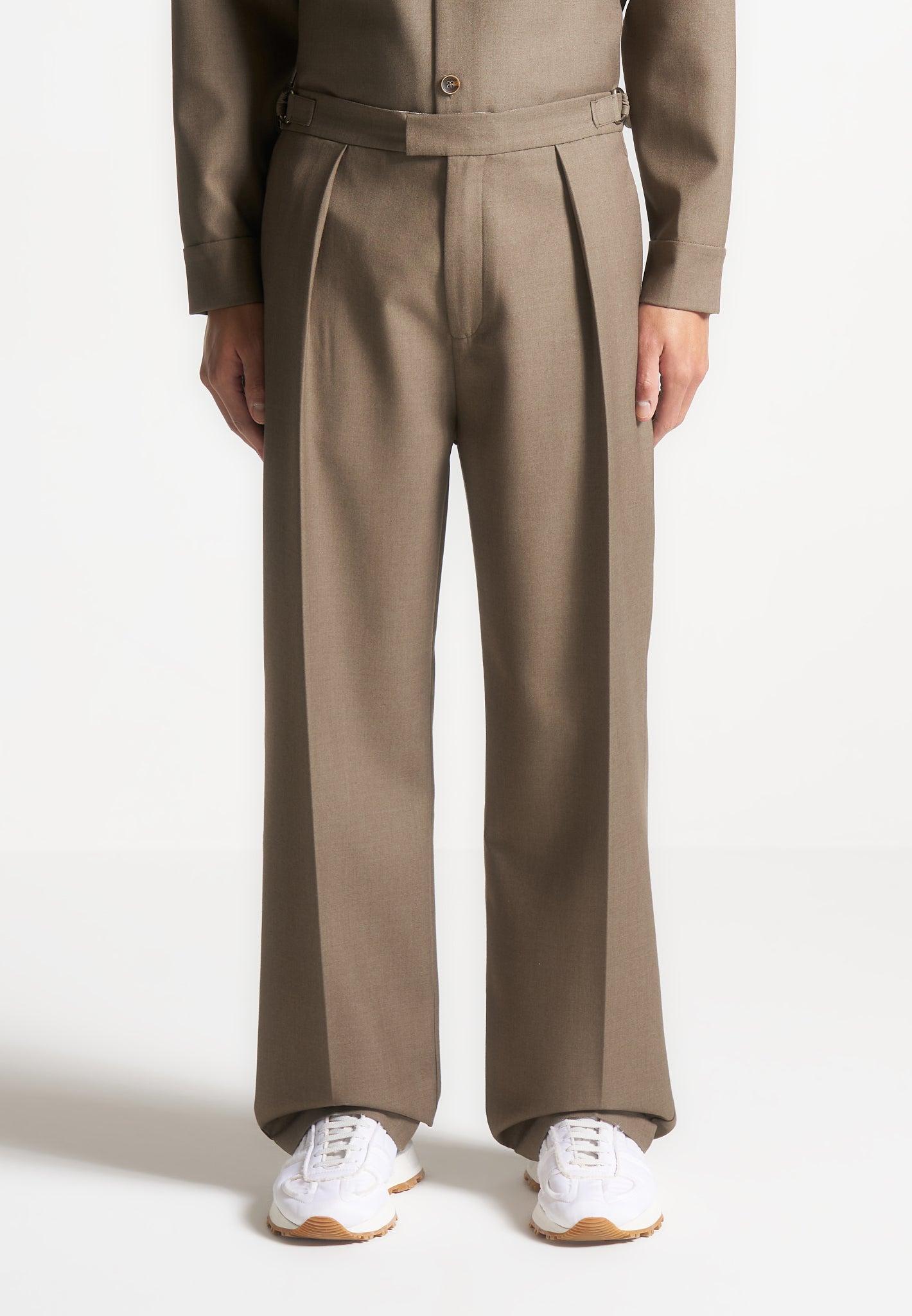 Relaxed Fit Hatched Pleated Tailored Trousers - Khaki Male Product Image