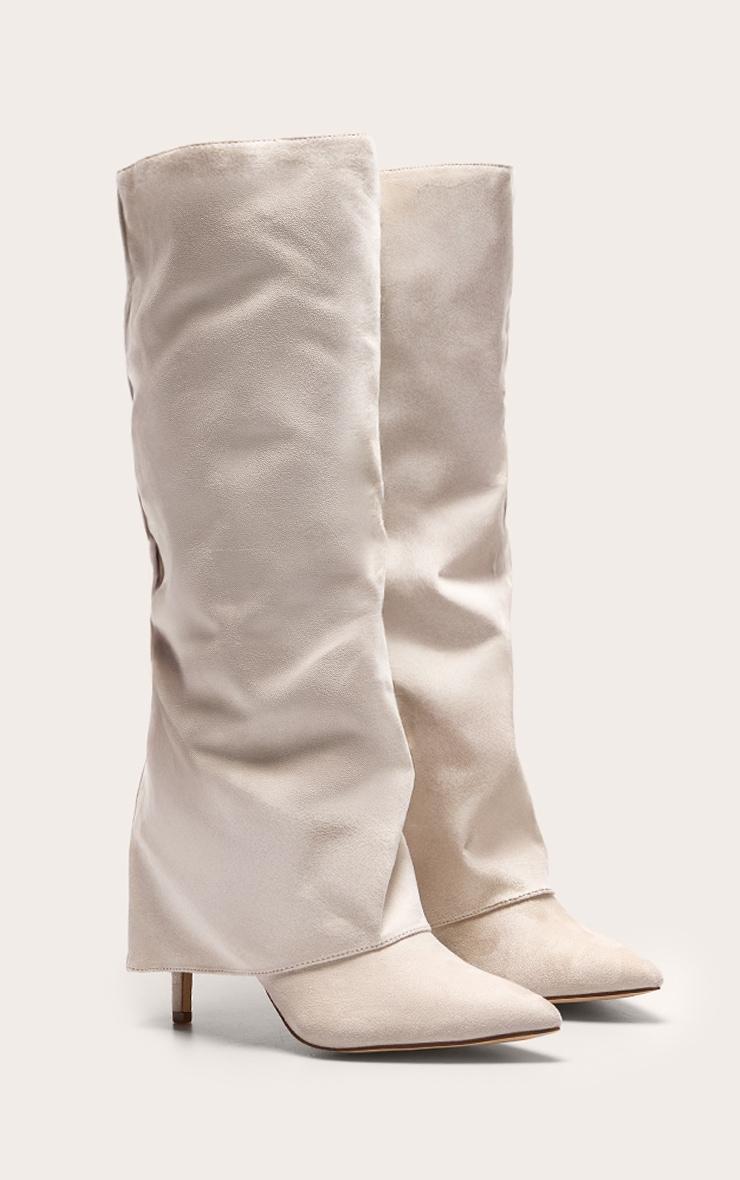 Stone Faux Suede Point Toe Fold Over High Stiletto Knee High Heeled Boots Product Image