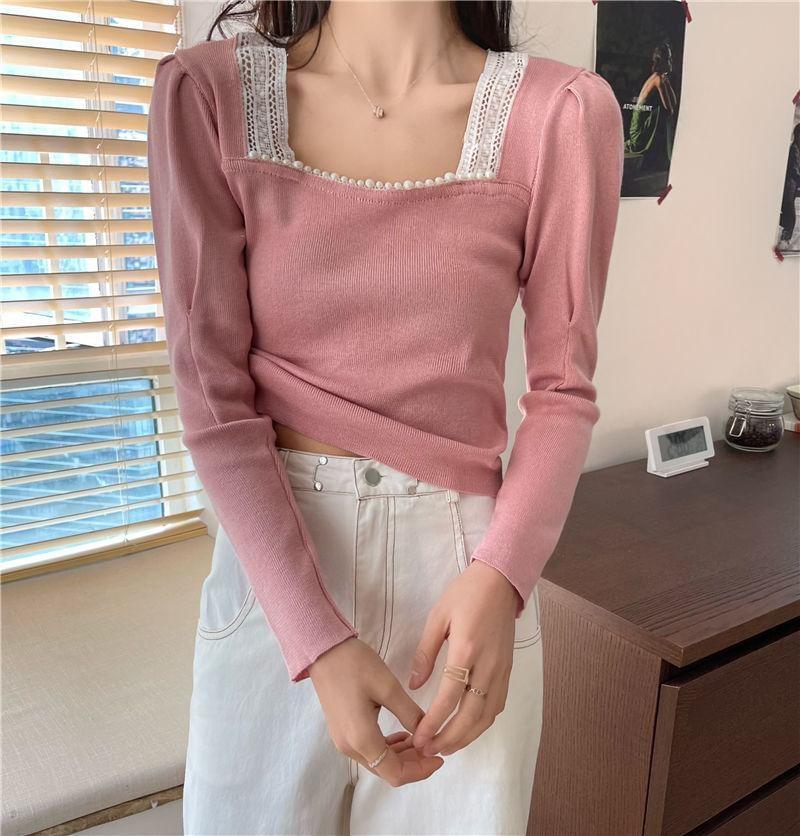 Long Sleeve Square Neck Plain Lace Trimmed Crop Top Product Image